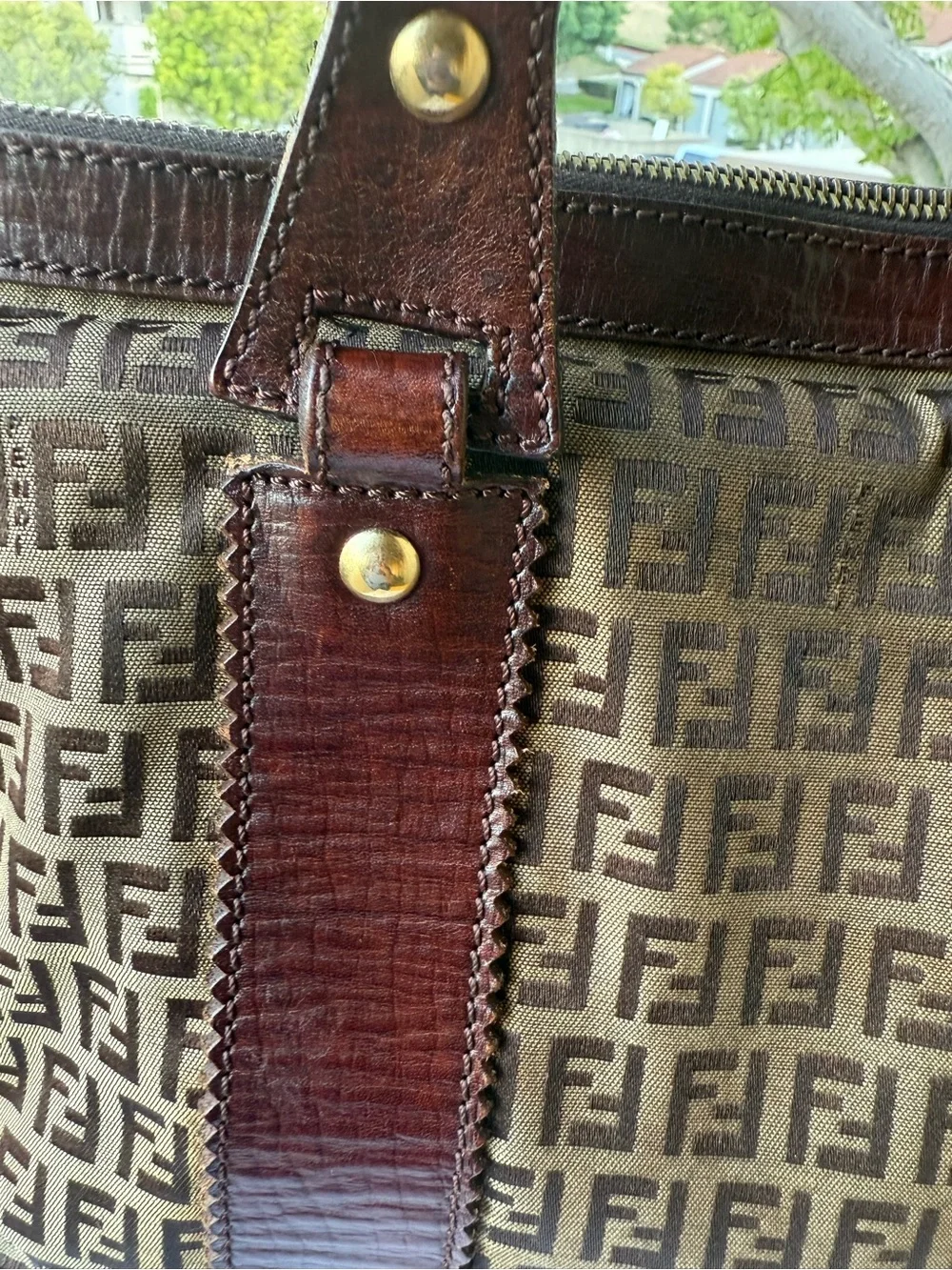 Fendi Brown Zucca Logo Canvas Shoulder Tote with Dark Brown Leather Trim